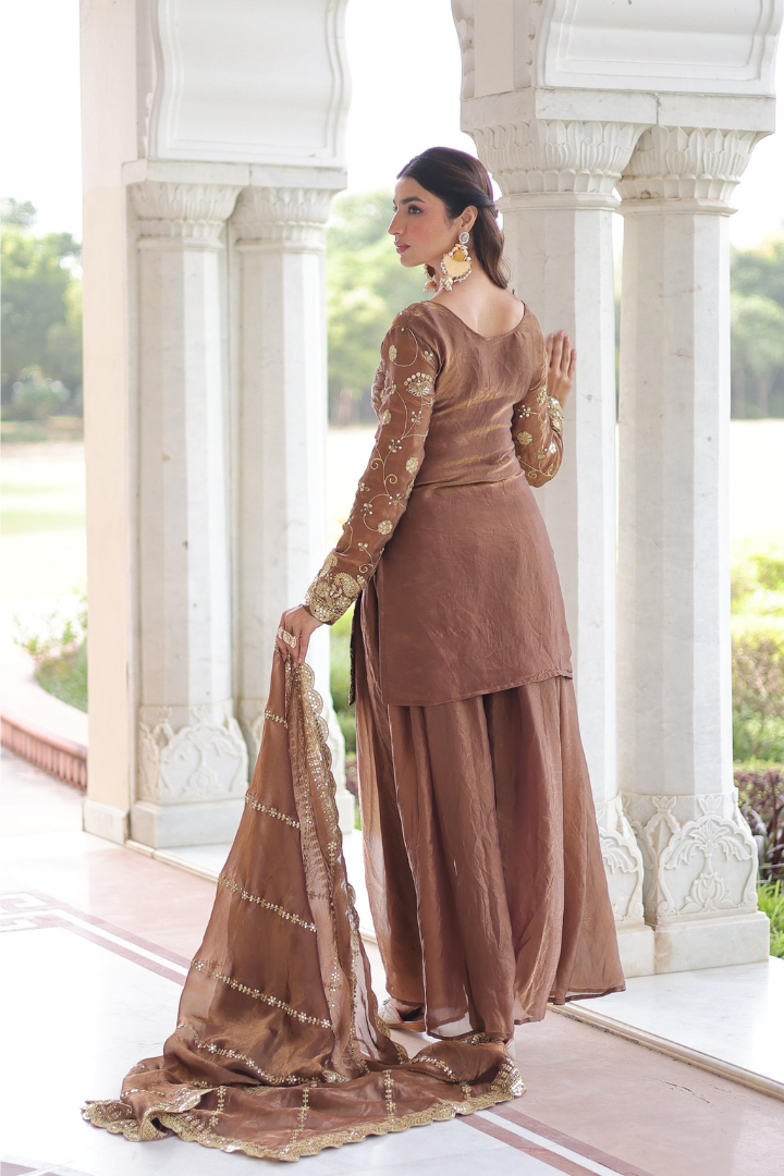 Coffee Color Designer Top Sharara Dupatta Set