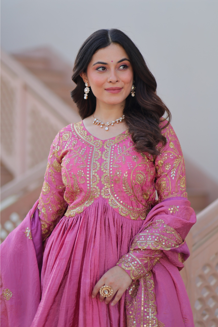 Designer Gold Crush Ethnic Gown for Wedding and Festival Wear