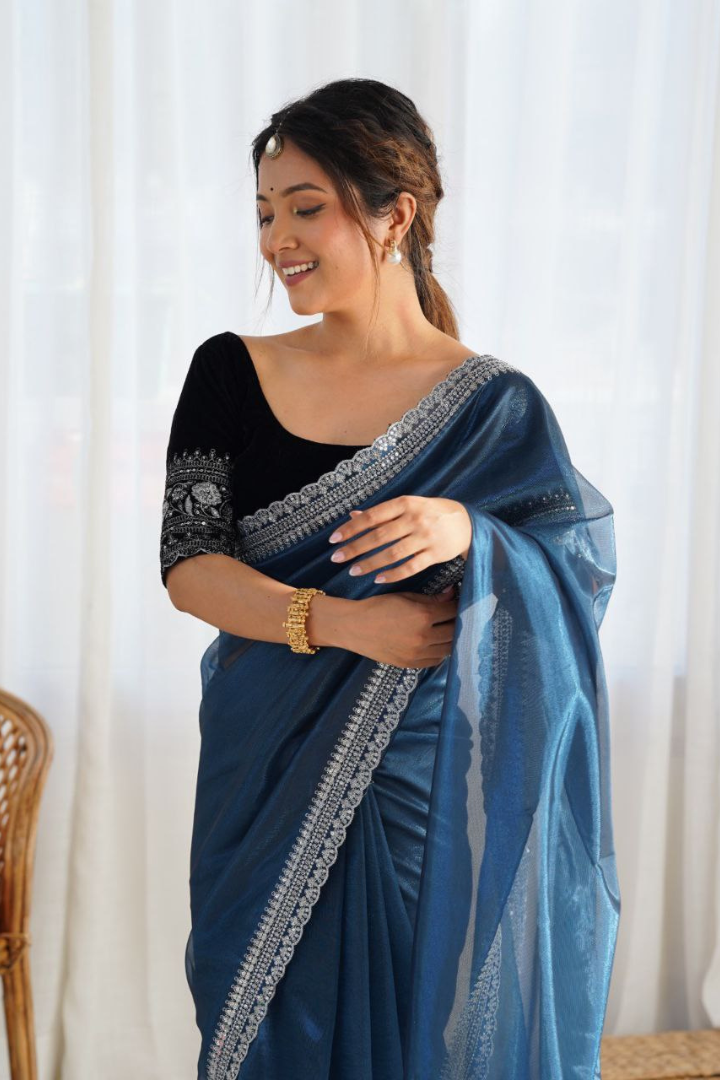 Elegant Sequence Sarees with Velvet Blouse