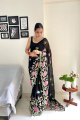 Designer Floral Embroidered Saree With Sequins | Black