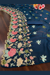 Designer Floral Embroidered Saree With Sequins | Blue