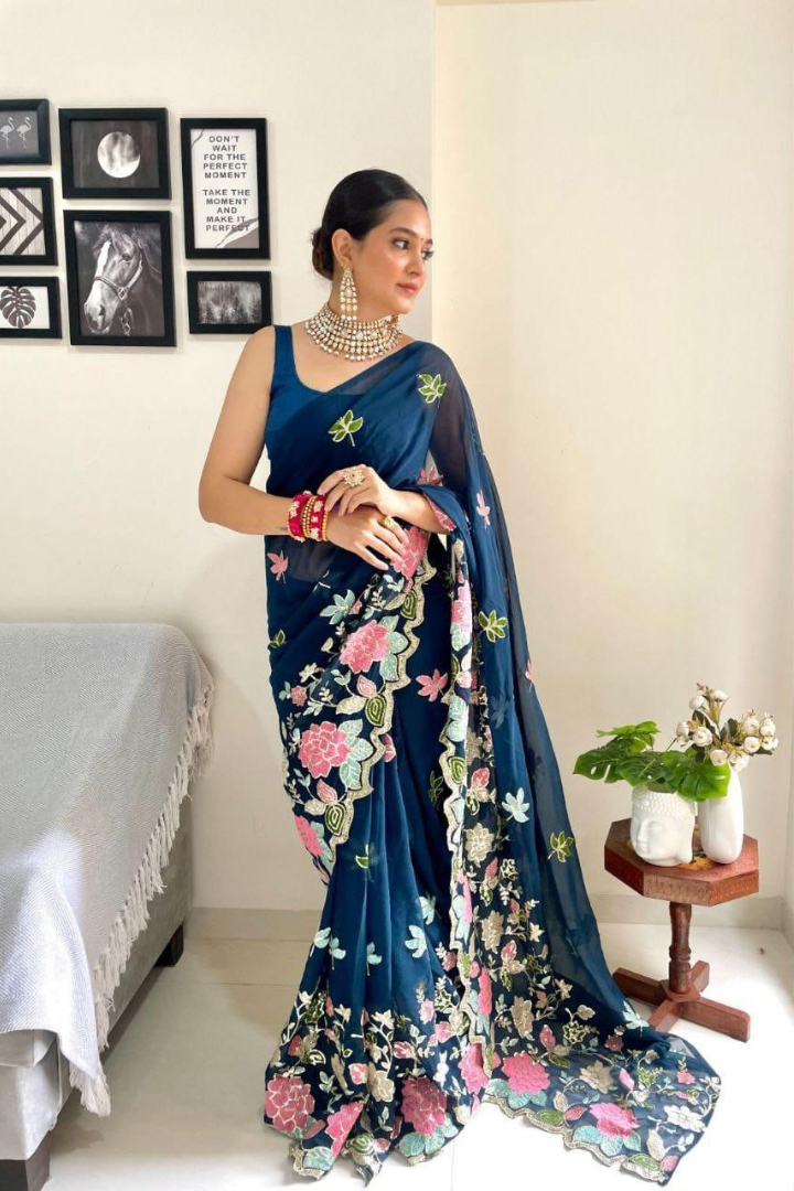 Designer Floral Embroidered Saree With Sequins | Blue