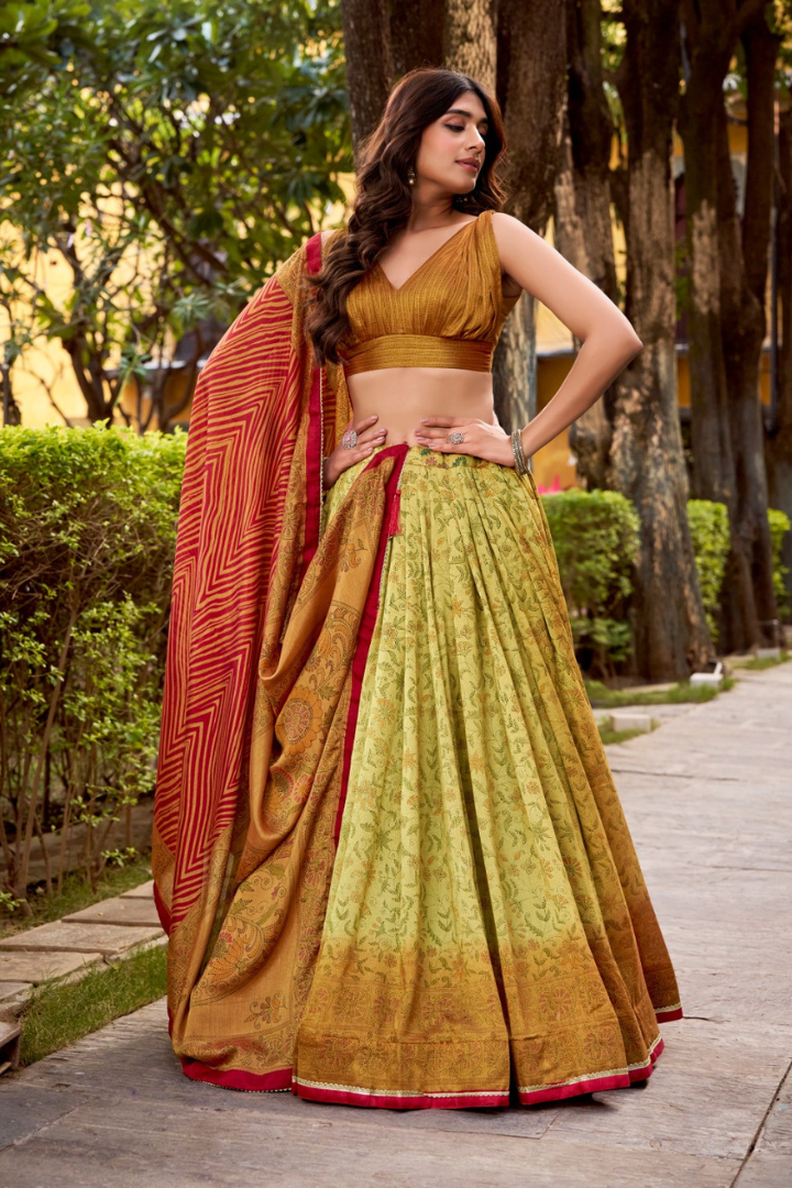 Vichitra silk printed lehenga chol