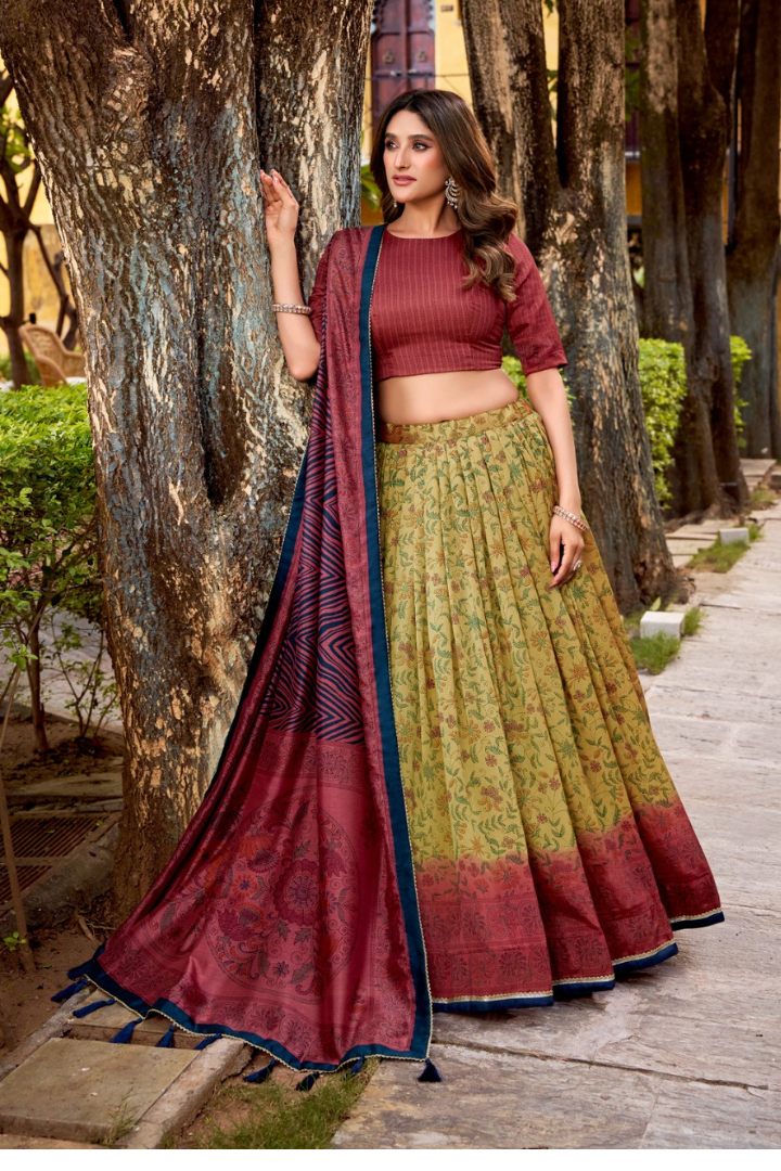 Vichitra silk printed lehenga chol