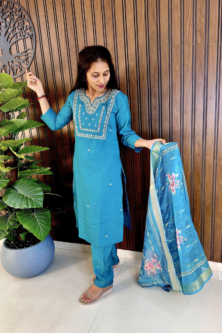 Festive Roman Silk Kurti Set,