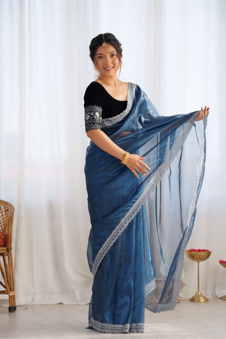 Elegant Sequence Sarees with Velvet Blouse