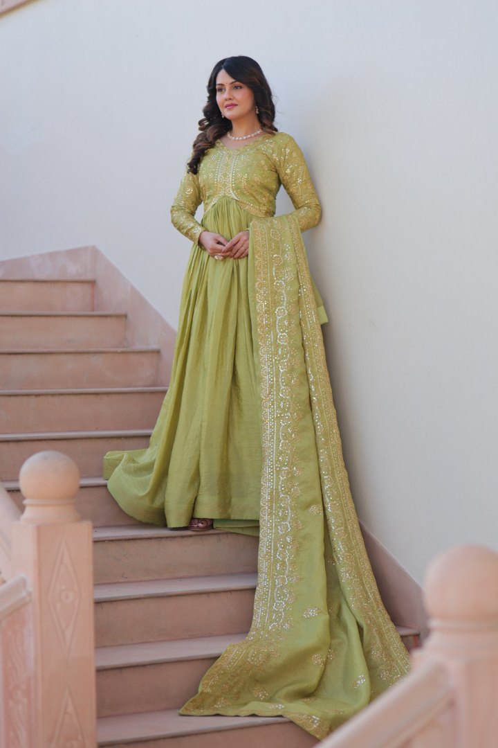Designer Gold Crush Gown Set with Cotton Inner and 3 Meter Flair