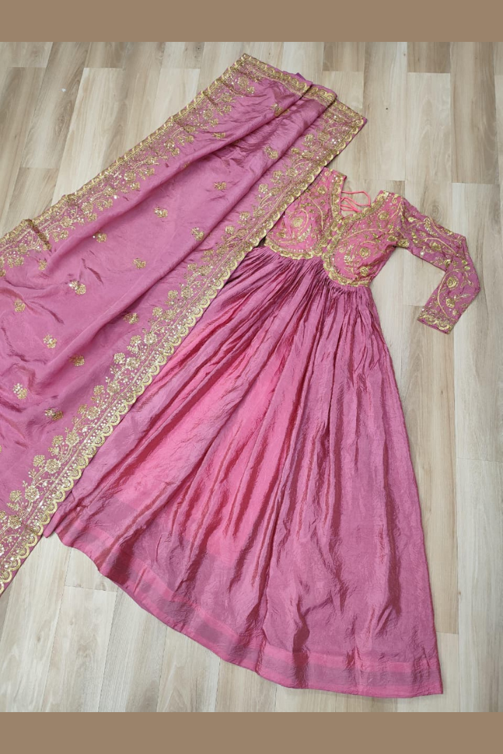 Women's Wedding Gown with Sequins Embroidery and Gold Crush Fabric