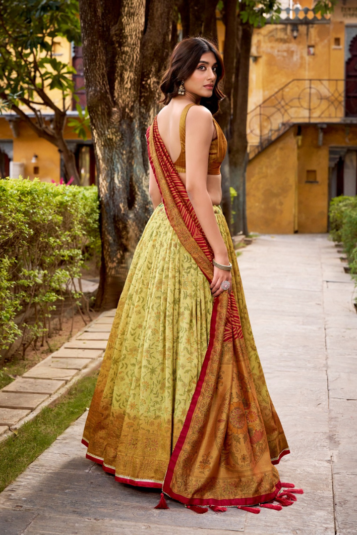 Vichitra silk printed lehenga chol
