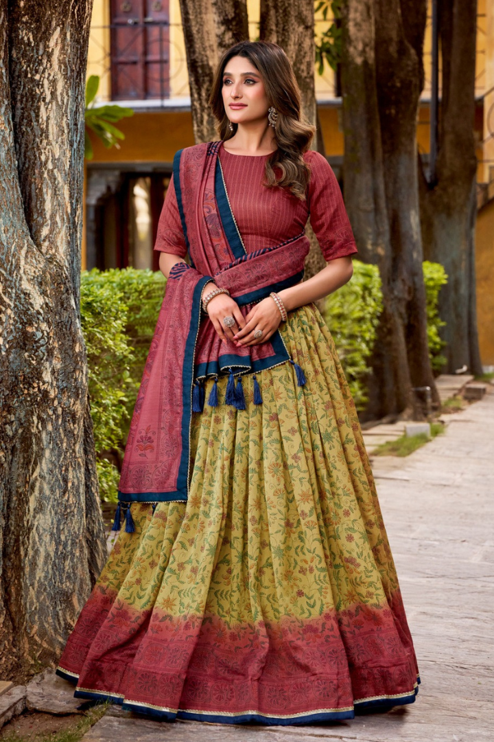 Vichitra silk printed lehenga chol