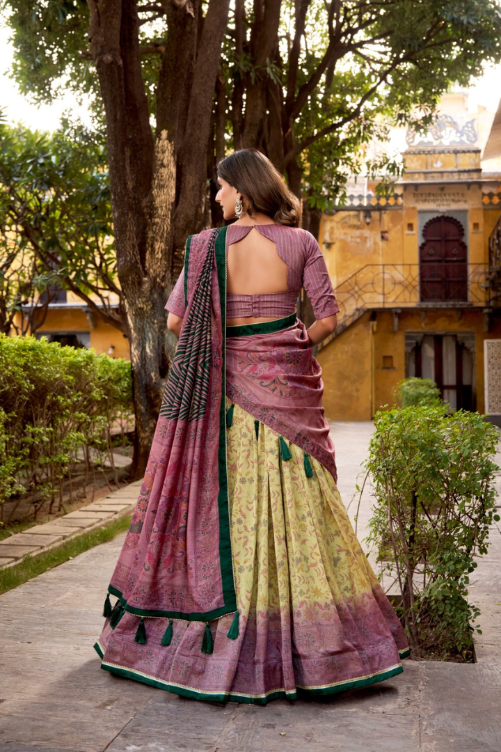 Vichitra silk printed lehenga chol