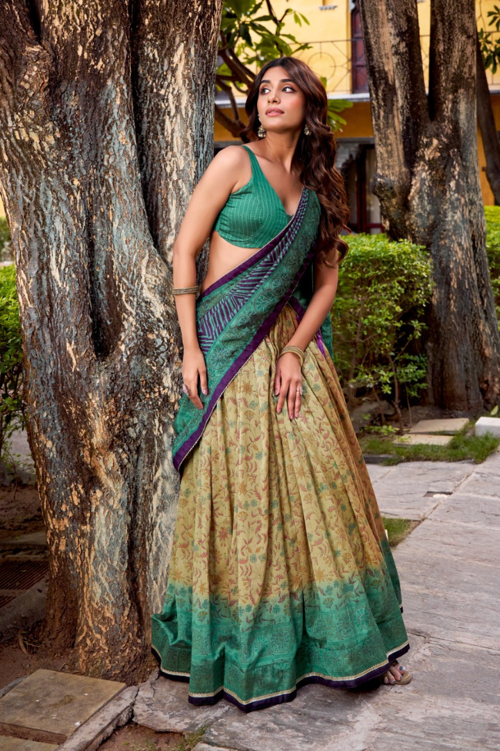 Vichitra silk printed lehenga chol