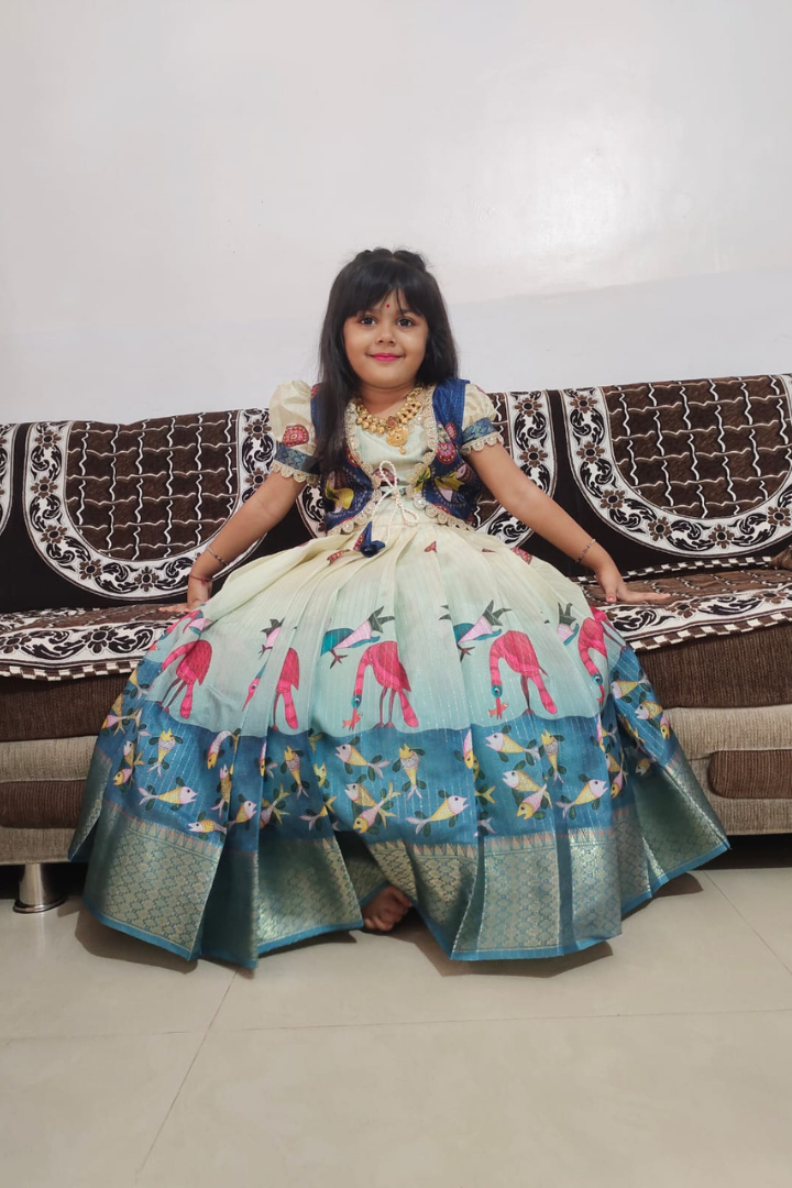 white Pure Silk Kids Gown with Kalamkari Jacket