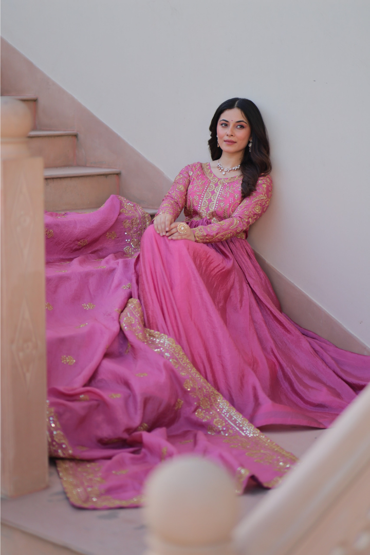 Gold Crush Party Wear Gown with Embroidered Dupatta