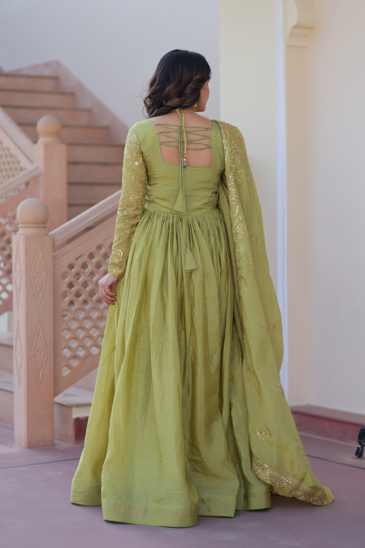 Luxury Gold Crush Fabric Gown with Sequins Embroidery for Festive Wear