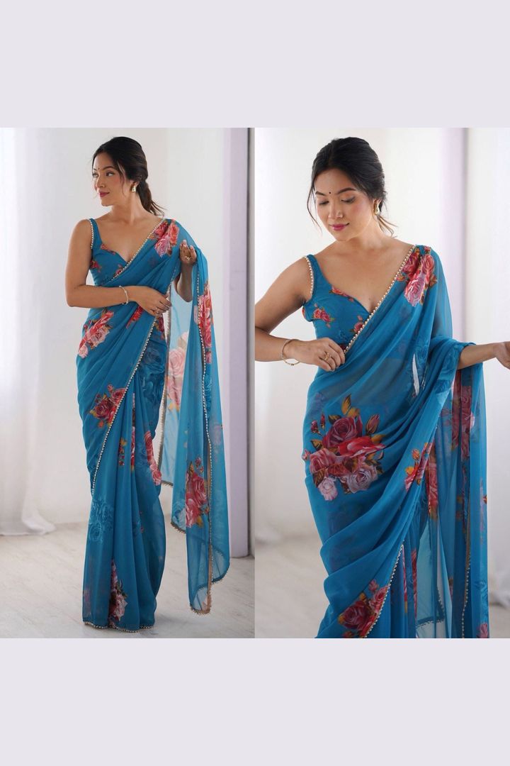 Lightweight Soft Georgette Silk Saree with Floral Print and Pearl Lace Border