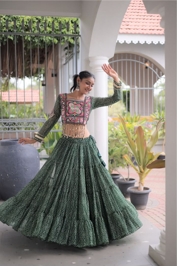 Front view of Navratri Bandhani Print Faux Georgette Lehenga Choli with 12-meter flair.