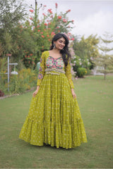 Women's Navratri Bandhani Print Faux Georgette Gown with Kutchi Patchwork | 12 Meter Flair | Navratri Collection 2026