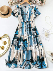 WesternStitch Women's Elegant Plaid & Print V-Neck Short Sleeve Summer Dress WesternStitch