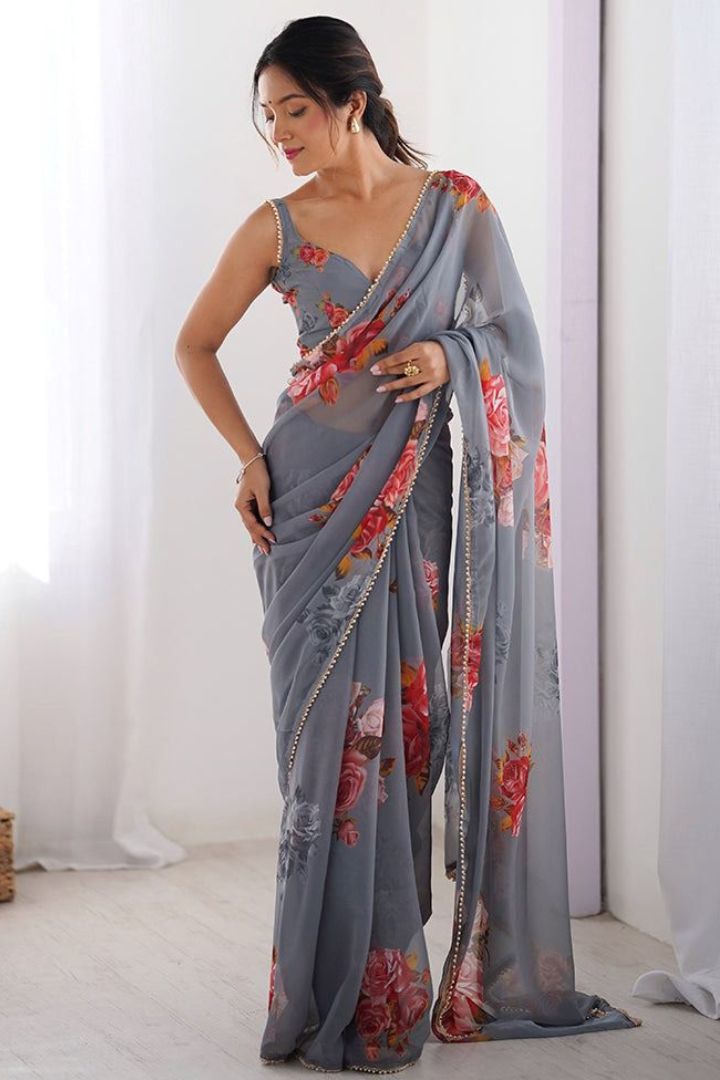 Elegant Black Floral Print Georgette Silk Saree for Women with Pearl Border