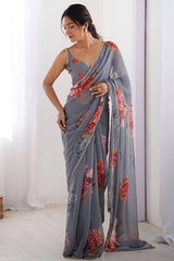 Elegant Black Floral Print Georgette Silk Saree for Women with Pearl Border