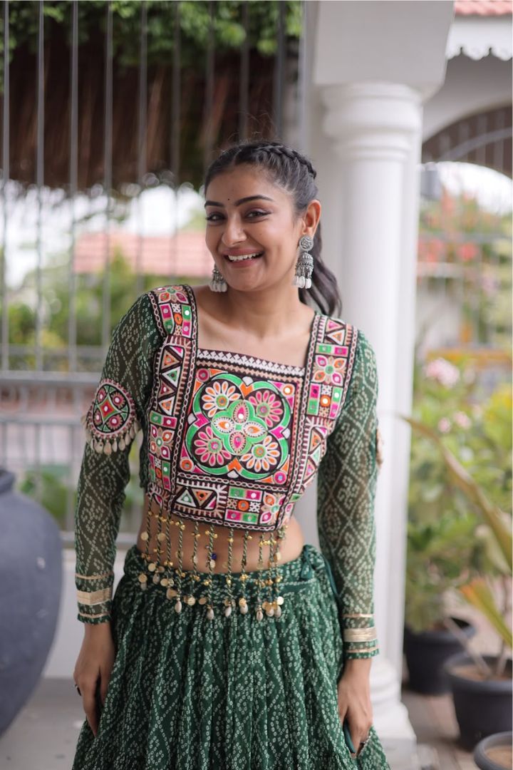 Bandhani Print Faux Georgette Lehenga Choli for Navratri celebrations.