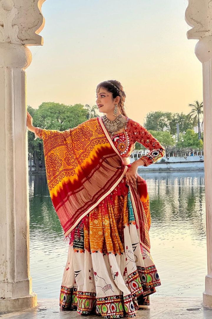 Digital Print Muslin Cotton Lehenga Choli with Real Mirror Work