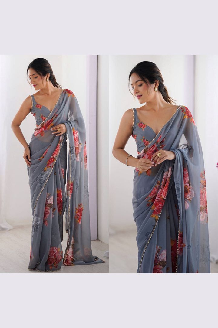 Luxury Black Floral Designer Saree in Soft Georgette Silk Fabric
