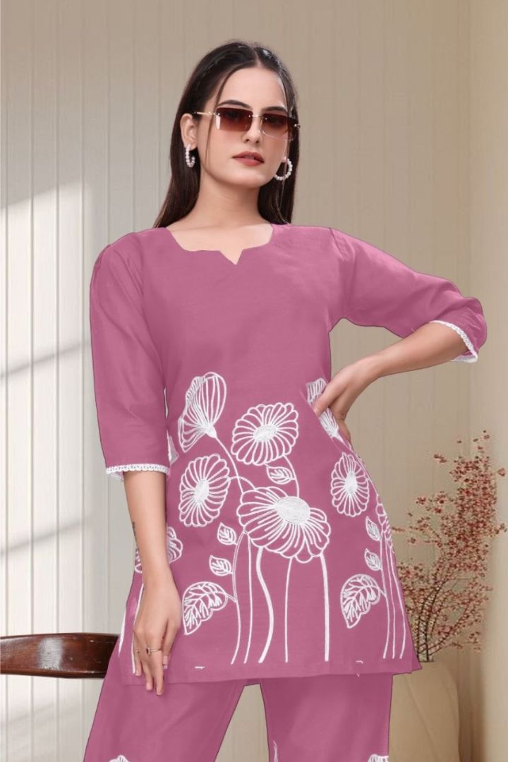 Front view of women's embroidered slub cotton co-ord set for casual and festive wear.
