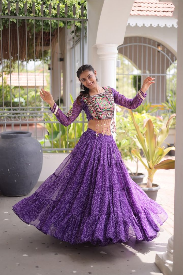 Navratri Bandhani Print Faux Georgette Lehenga Choli with Kutchi Patchwork for Garba and Dandiya.