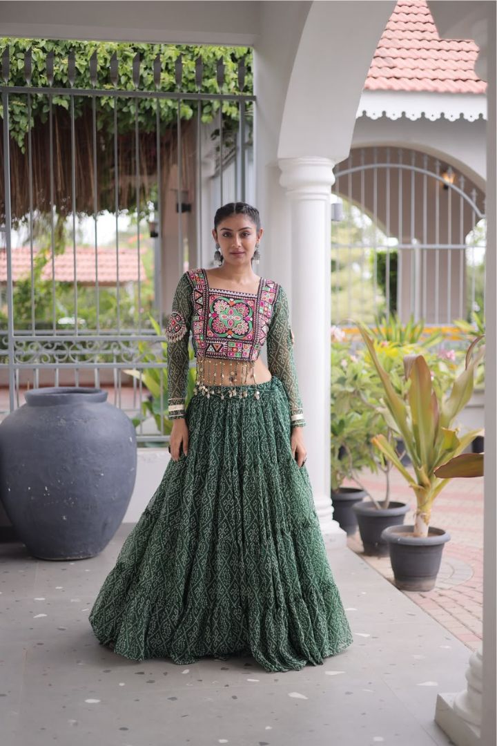 Navratri Bandhani Print Faux Georgette Lehenga Choli with Kutchi Patchwork front view.