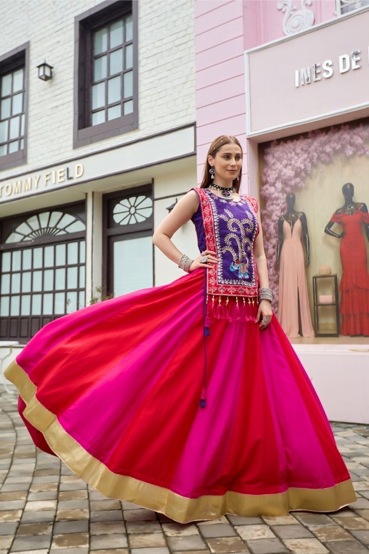 Cotton lehenga choli featuring thread embroidery and sequence work