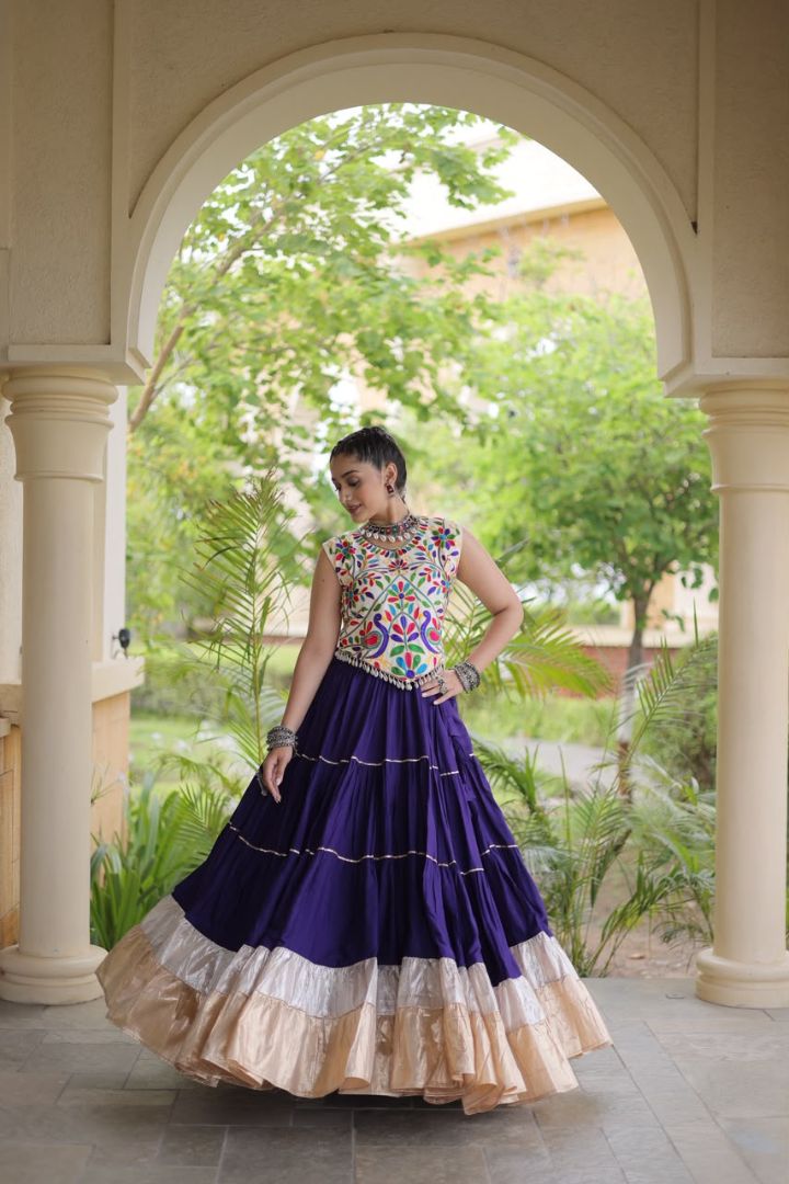 Blue color full stitched Garba lehenga for women