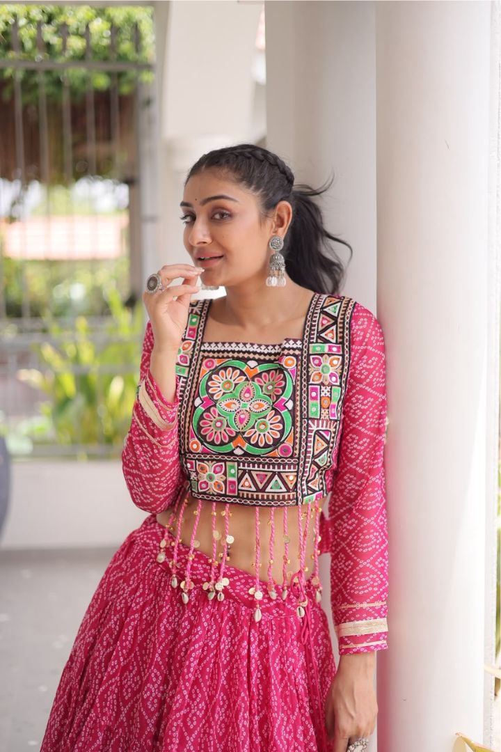Traditional Gujarati Garba outfit featuring Bandhani Print Faux Georgette Lehenga.