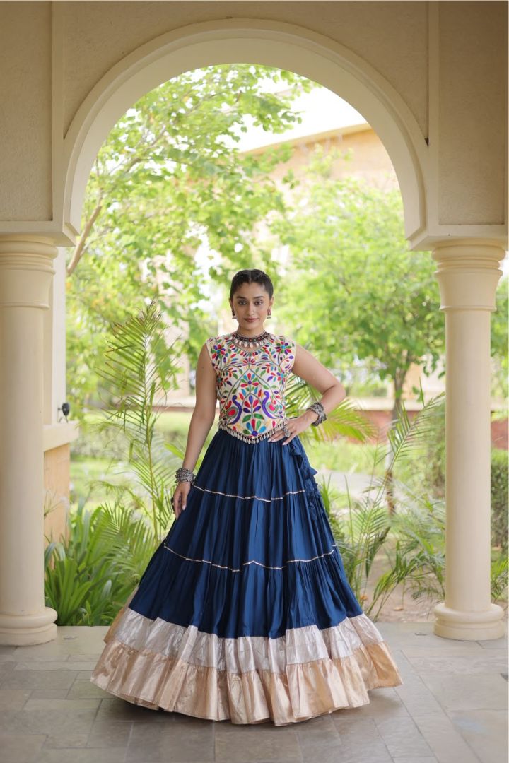 Morpich color full stitched Garba lehenga for women