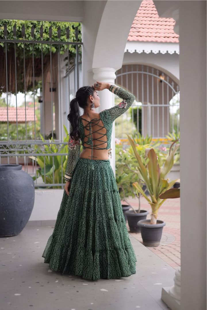 Close-up of Bandhani print on Faux Georgette Navratri Lehenga Choli.