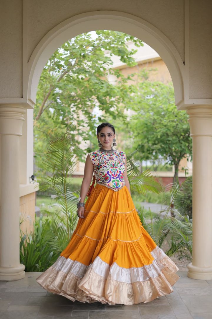 Yellow color full stitched Garba lehenga for women