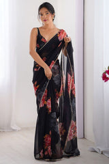 Premium Soft Georgette Silk Black Floral Printed Saree with Pearl Lace Work