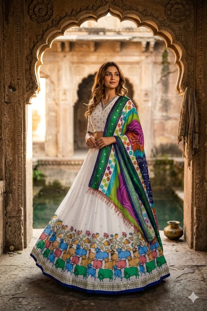 Semi-stitched Muslin Lehenga with 4 meter flair