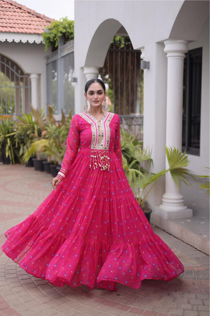 Navratri Laheriya gown 2026 with Kutchi patchwork and 12-meter flair
