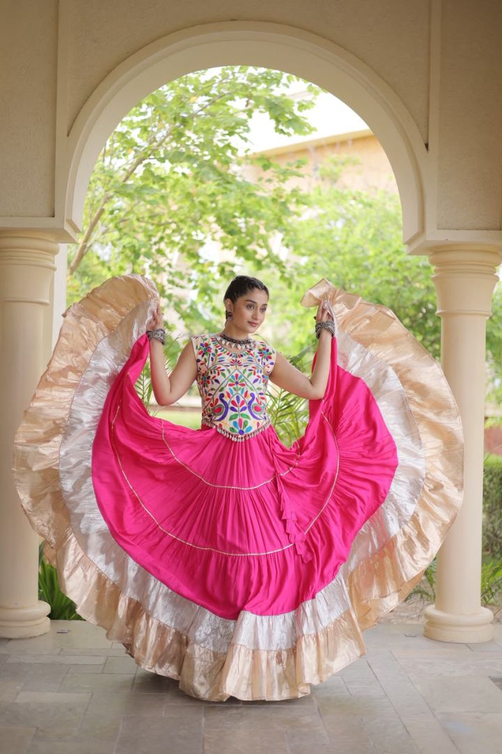 Pink Rayon Navratri lehenga with 12 meter flair