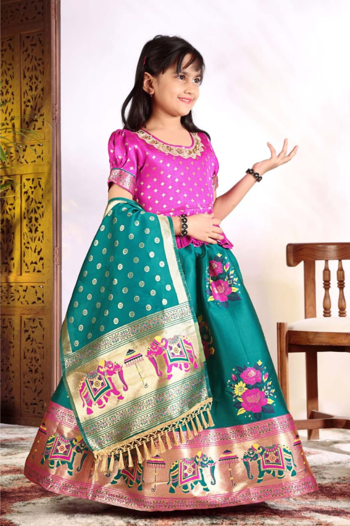 Designer Jacquard lehenga set for little girls with dori latkan