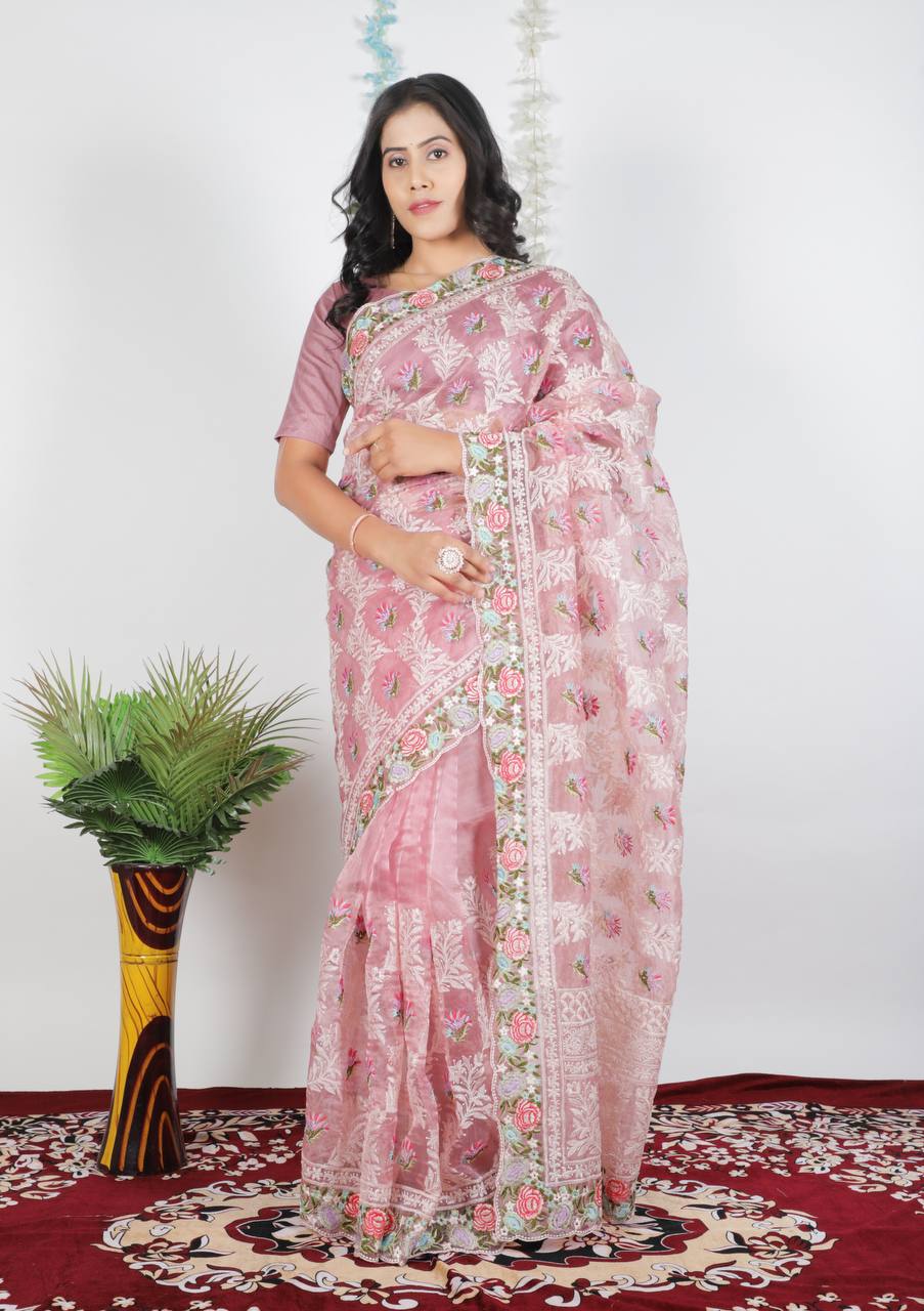 Tissue Organza With Beautiful Multi Embroidery C-Pallu Work