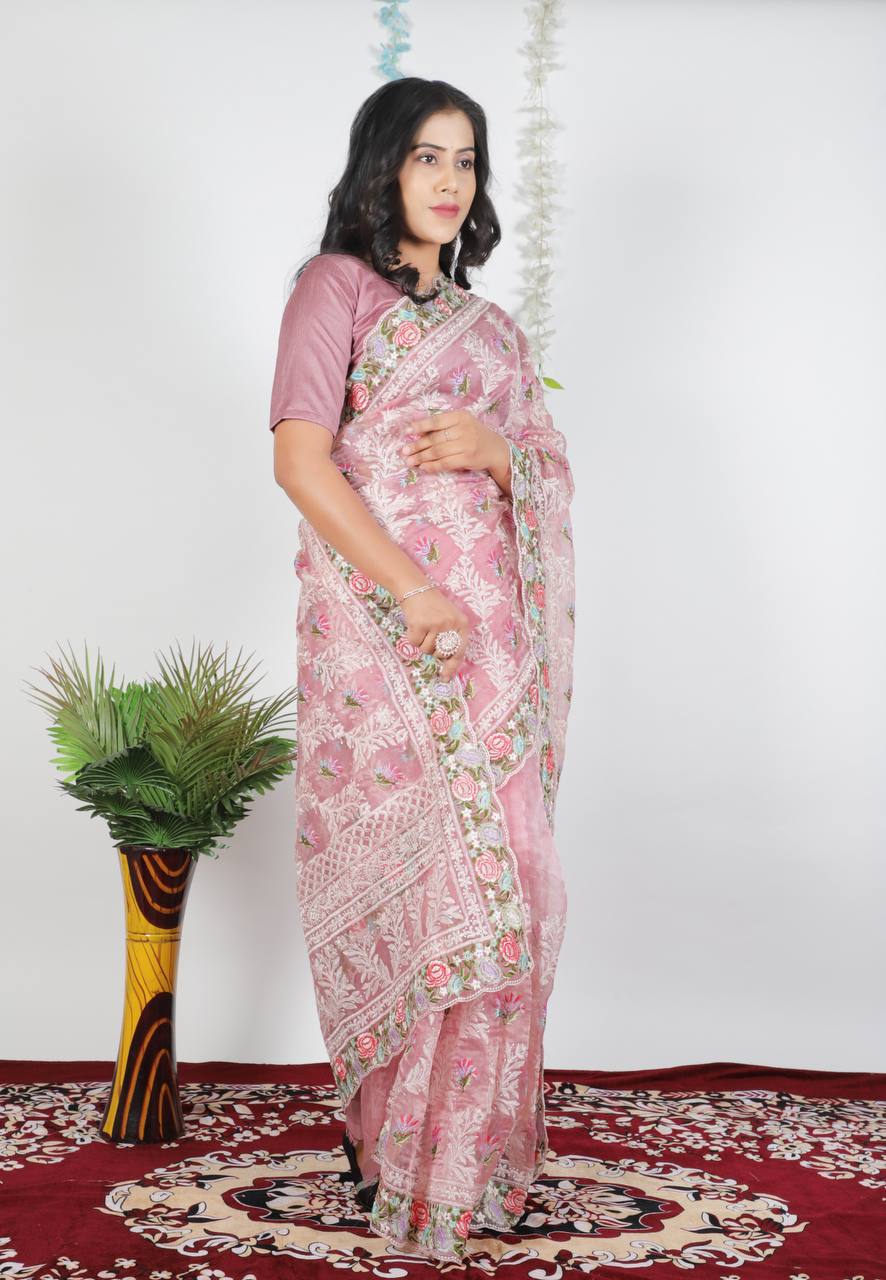 Tissue Organza With Beautiful Multi Embroidery C-Pallu Work