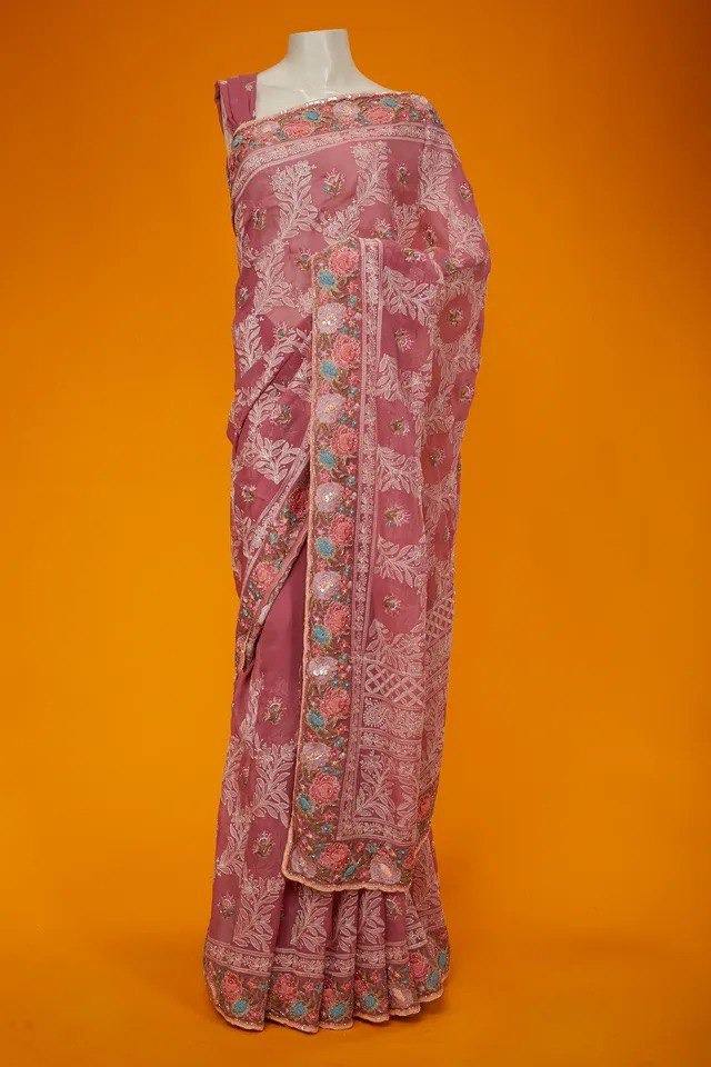 Tissue Organza With Beautiful Multi Embroidery C-Pallu Work