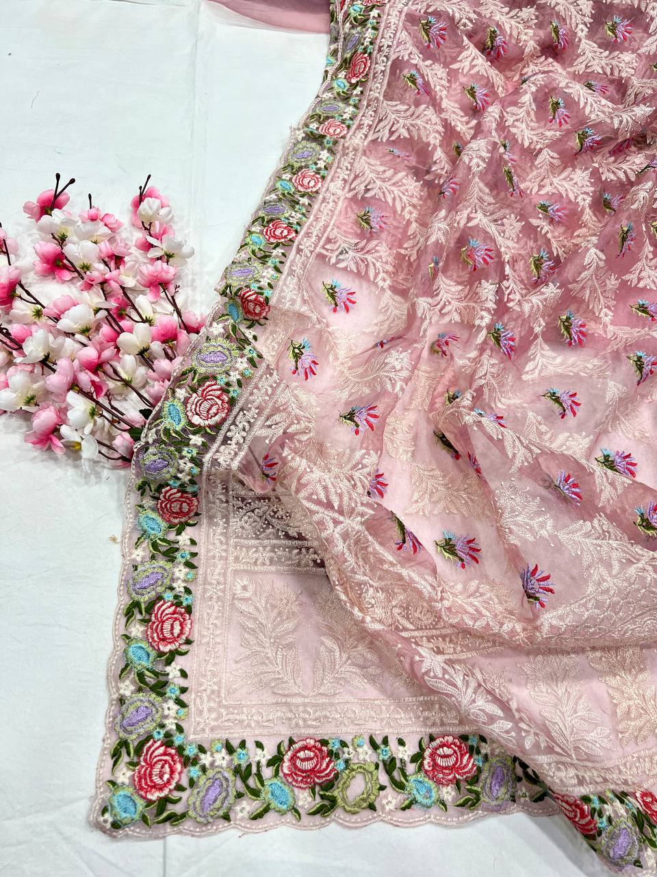 Tissue Organza With Beautiful Multi Embroidery C-Pallu Work