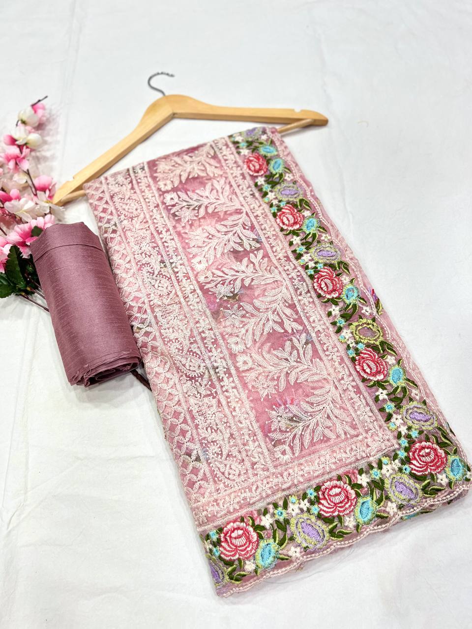 Tissue Organza With Beautiful Multi Embroidery C-Pallu Work