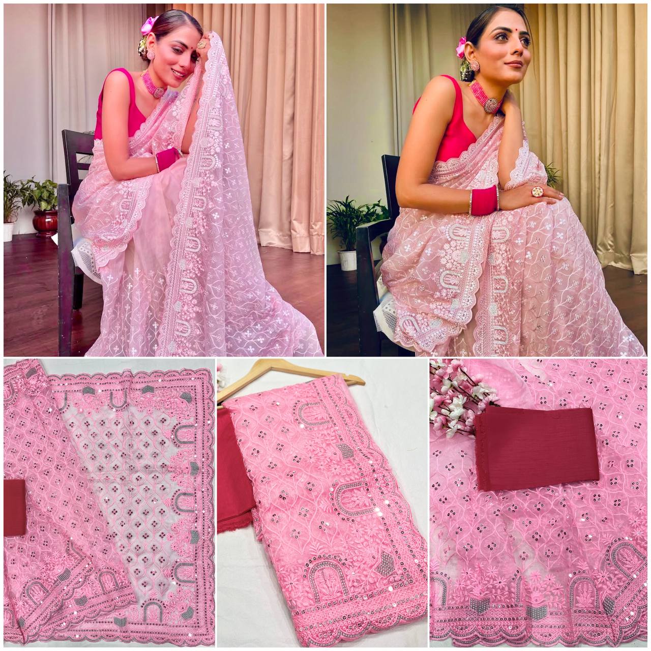 Khadi Organza With Beautiful Multi + 7 M.M Sequence Embroidery Work And C-Pallu Cutwork - Look Range
