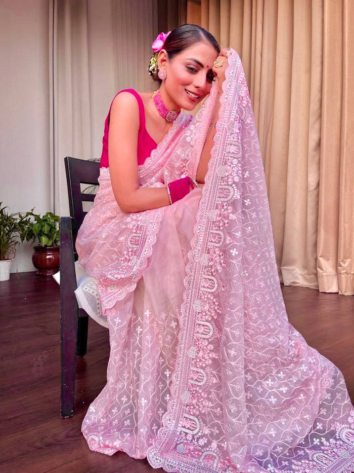 Designer Khadi Organza Saree with Embroidery