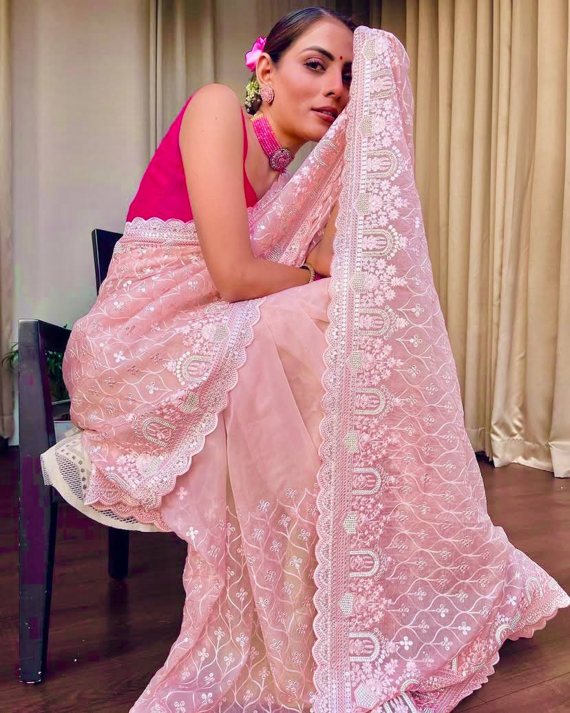 Designer Khadi Organza Saree with Embroidery